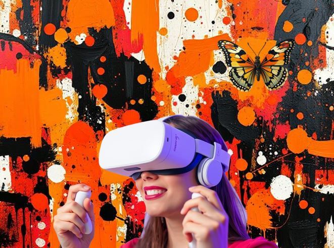Femme faisant de la réalité virtuelle derrière une œuvre d'art abstraite