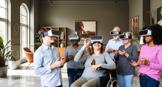 Groupe de personnes faisant l'expérience de la réalité virtuelle dans un salon